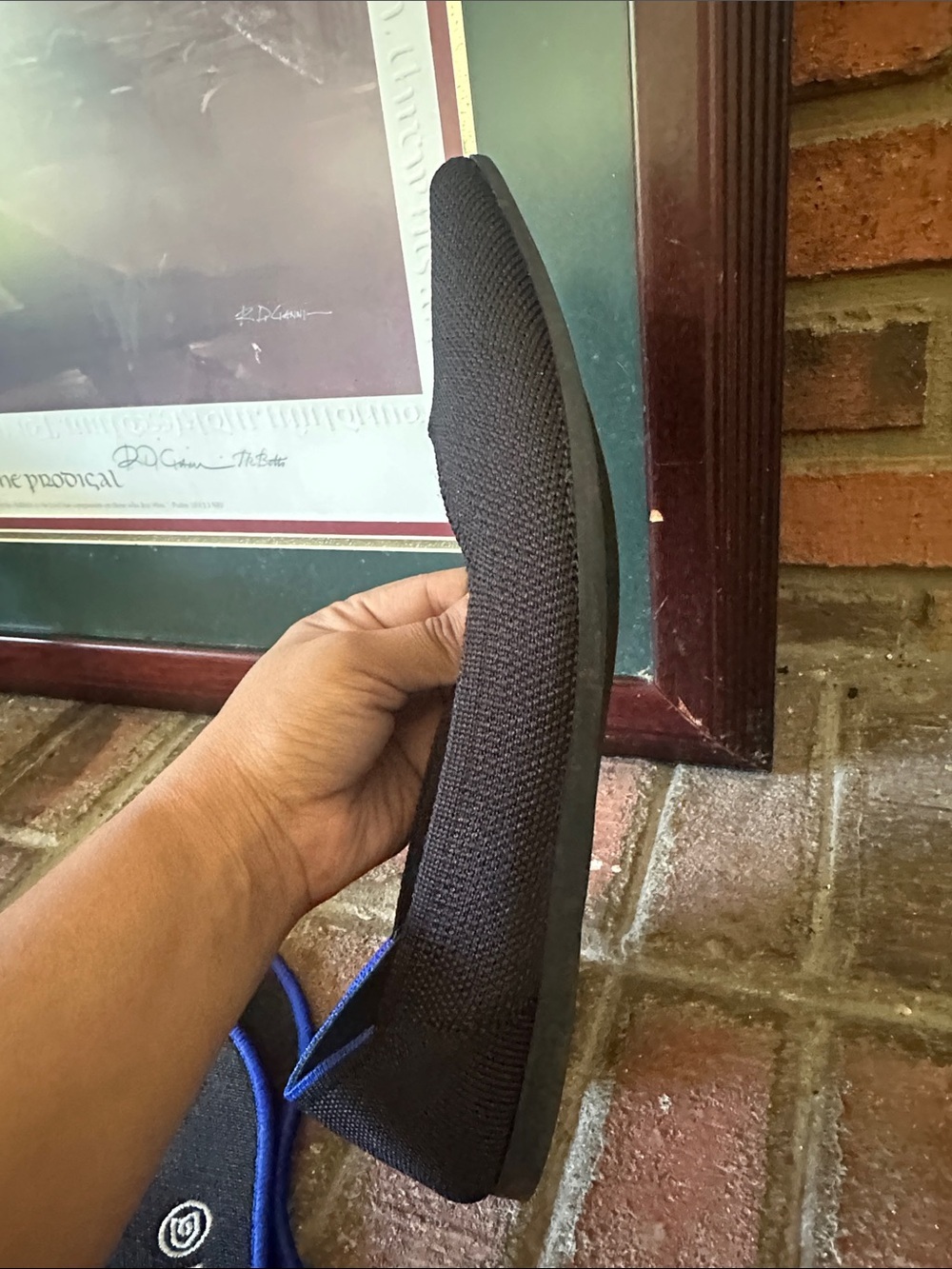 Rothy's Black Pointed Knit Flats with Blue Trim - Picture 6 of 7